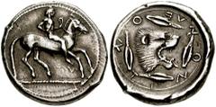 SICILY, Leontini. Circa 476-468 BC. AR Didrachm (8.61 gm). Estimate $2500  SICILY, Leontini. Circa 476-468 BC. AR Didrachm (8.61 gm). From the school of the Demareteion Master. Nude rider on horseback