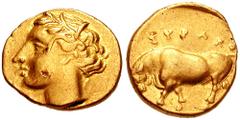 SICILY, Syracuse. Agathokles. Circa 317-289 BC. AV Diobol - Pentadrachm (1.37 gm). Struck circa 295 BC. Estimate $1000  SICILY, Syracuse. Agathokles. Circa 317-289 BC. AV Diobol - Pentadrachm (1.37 gm