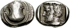 BOEOTIA, Thebes. Circa 426-395 BC. AR Stater (12.15 gm). Estimate $12500  BOEOTIA, Thebes. Circa 426-395 BC. AR Stater (12.15 gm). Boeotian shield / Q-E, head of Herakles left, wearing lion's skin hea
