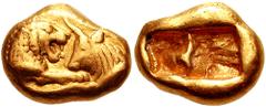 KINGS of LYDIA. Time of Kroisos. Circa 561-515 BC. AV Third Stater or Trite (3.57 gm). Heavy series. Struck at Sardes. Estimate $2000 KINGS of LYDIA. Time of Kroisos. Circa 561-515 BC. AV Third Stater