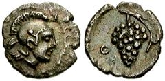 CILICIA, Soloi. Circa 385-350 BC. AR Hemiobol (0.26 gm). Estimate $500 CILICIA, Soloi. Circa 385-350 BC. AR Hemiobol (0.26 gm). Helmeted head of Athena right / SO, grape cluster. SNG Levante 48 (this 