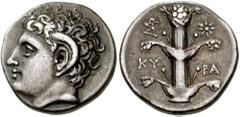 KYRENAIKA, Kyrene. Circa 308-277 BC. AR Didrachm (7.80 gm). Estimate $1500 KYRENAIKA, Kyrene. Circa 308-277 BC. AR Didrachm (7.80 gm). Head of Karneios right, with horn of Ammon / KY-PA, silphium plan