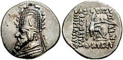 KINGS of PARTHIA. Sinatrukes. 95-87 BC. AR Drachm (4.18 gm). Uncertain eastern (Mithradatkart or Nisa?) mint. Estimate $150 KINGS of PARTHIA. Sinatrukes. 95-87 BC. AR Drachm (4.18 gm). Uncertain easte