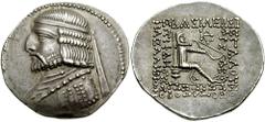 KINGS of PARTHIA. Artabanos II. April 75 - 62/1 BC. AR Tetradrachm (15.58 gm). Seleukeia on the Tigris mint. Estimate $2000 KINGS of PARTHIA. Artabanos II. April 75 - 62/1 BC. AR Tetradrachm (15.58 gm
