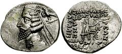 KINGS of PARTHIA. Phraates IV. 38-2 BC. AR Drachm (3.67 gm). Rhagae mint. Estimate $150 KINGS of PARTHIA. Phraates IV. 38-2 BC. AR Drachm (3.67 gm). Rhagae mint. Diademed bust left, wart on forehead; 