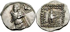 KINGS of PARTHIA. Phraates IV. 38-2 BC. AR Drachm (3.91 gm). Rhagae mint. Estimate $150 KINGS of PARTHIA. Phraates IV. 38-2 BC. AR Drachm (3.91 gm). Rhagae mint. Diademed bust left, wart on forehead; 