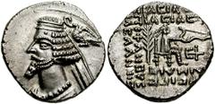 KINGS of PARTHIA. Phraates IV. 38-2 BC. AR Drachm (3.99 gm). Court mint at Susa. Estimate $200 KINGS of PARTHIA. Phraates IV. 38-2 BC. AR Drachm (3.99 gm). Court mint at Susa. Diademed bust left, wart