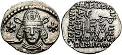 KINGS of PARTHIA. Vonones II. 51 AD. AR Drachm (3.79 gm). Ekbatana mint. Estimate $300 KINGS of PARTHIA. Vonones II. 51 AD. AR Drachm (3.79 gm). Ekbatana mint. Diademed facing bust, short beard, wart 