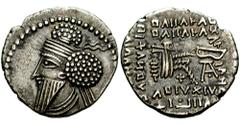 KINGS of PARTHIA. Osroes I. 109-129 AD. AR Drachm (3.47 gm). Ekbatana mint. Estimate $300 KINGS of PARTHIA. Osroes I. 109-129 AD. AR Drachm (3.47 gm). Ekbatana mint. Diademed bust left, medium pointed