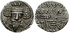 KINGS of PARTHIA. Vologases V. 191-208 AD. AR Drachm (3.65 gm). Ekbatana mint. Estimate $400  KINGS of PARTHIA. Vologases V. 191-208 AD. AR Drachm (3.65 gm). Ekbatana mint. Diademed facing bust, long 