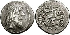 KINGS of CHARACENE. Tiraios II. Circa 79-48 BC. Billon Tetradrachm (14.92 gm). Dated Seleukid era 240 (72/1 BC). Estimate $400 KINGS of CHARACENE. Tiraios II. Circa 79-48 BC. Billon Tetradrachm (14.92