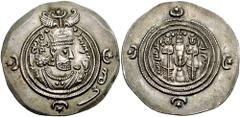 SASANIAN KINGS of PERSIA. Khosrau II. 591-628 AD. AR Drachm (4.15 gm). WYH (Veh-Kavad) mint. Dated year 26 (616 AD). Estimate $150 SASANIAN KINGS of PERSIA. Khosrau II. 591-628 AD. AR Drachm (4.15 gm)