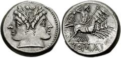 Anonymous. Circa 225-212 BC. AR Didrachm or Quadrigatus (6.74 gm). Rome mint. Estimate $500 Anonymous. Circa 225-212 BC. AR Didrachm or Quadrigatus (6.74 gm). Rome mint. Laureate head of Janus; heavy 