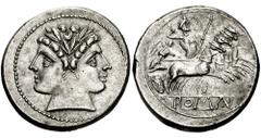 Anonymous. Circa 225-212 BC. AR Didrachm or Quadrigatus (6.44 gm). Rome mint. Estimate $500 Anonymous. Circa 225-212 BC. AR Didrachm or Quadrigatus (6.44 gm). Rome mint. Laureate head of Janus; curved