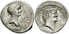 MARK ANTONY and CLEOPATRA. 34 BC. AR Denarius (3.98 gm). Alexandria mint. Estimate $5000  MARK ANTONY and CLEOPATRA. 34 BC. AR Denarius (3.98 gm). Alexandria mint. ANTONI ARMENIA DEVICTA, bare head of