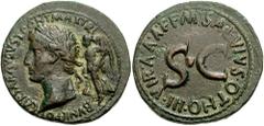 AUGUSTUS. 27 B.C.-14 A.D. Æ Dupondius (20.38 gm). Rome mint. Struck 7 BC. M. Salvius Otho, moneyer. Estimate $2000  AUGUSTUS. 27 B.C.-14 A.D. Æ Dupondius (20.38 gm). Rome mint. Struck 7 BC. M. Salvius