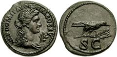 DOMITIAN. 81-96 AD. Æ Semis (5.17 gm). Struck 90-91 AD. Estimate $750 DOMITIAN. 81-96 AD. Æ Semis (5.17 gm). Struck 90-91 AD. IMP DOMIT AVG GERM COS XV, laureate and draped bust of Apollo right, laure