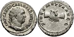 BALBINUS. 238 AD. AR Antoninianus (5.00 gm). Estimate $600 BALBINUS. 238 AD. AR Antoninianus (5.00 gm). IMP CAES D CAEL BALBINVS AVG, radiate, draped, and cuirassed bust right / FIDES MVTVA AVGG, clas