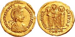 VALENTINIAN III. 425-455 AD. AV Solidus (4.42 gm). Thessalonica mint. Struck 437-438 AD. Estimate $15000 VALENTINIAN III. 425-455 AD. AV Solidus (4.42 gm). Thessalonica mint. Struck 437-438 AD. D N PL