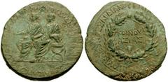 LYDIA, Sardes. Drusus and Germanicus. Æ 26mm (28mm, 11.65 gm). Struck circa 23-26 AD. Togate figures of Drusus and Germanicus seated left on curule chairs, one holding out lituus / Legend within wreat