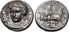 SICILY, Syracuse. Second Democracy. 466-405 BC. AR Tetradrachm (26mm, 17.44 g, 10h). Obverse die signed by Kimon . Struck circa 413-405 BC. Head of Arethousa facing slightly left, wearing ampyx inscri