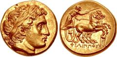 KINGS of MACEDON. Philip III Arrhidaios. 323-317 BC. AV Stater (17.5mm, 8.60 g, 12h). In the types of Philip II. Kolophon mint. Struck under Menander or Kleitos, circa 322-319 BC. Head of Apollo right