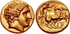KINGS of MACEDON. Philip III Arrhidaios. 323-317 BC. AV Stater (17mm, 8.55 g, 12h). In the types of Philip II. Teos mint. Head of Apollo right, wearing laurel wreath / ΦIΛIΠΠOY, charioteer, holding ke