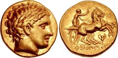 KINGS of MACEDON. temp. Philip III – Kassander. Circa 323/2-315 BC. AV Stater (18mm, 8.57 g, 12h). In the types of Philip II. Pella mint. Head of Apollo right, wearing laurel wreath / ΦIΛIΠΠOY, chario