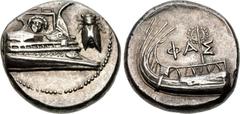 LYCIA, Phaselis. 4th century BC. AR Stater (22mm, 10.33 g, 10h). Prow of galley right, fighting platform decorated with facing gorgoneion; to right, cicada upward / Stern of galley left, with wreath h