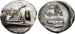 LYCIA, Phaselis. 4th century BC. AR Stater (22.5mm, 10.34 g, 1h). Prow of galley right, fighting platform decorated with facing gorgoneion; to right, cicada upward / Stern of galley left; above, Nike 