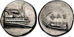 LYCIA, Phaselis. 4th century BC. AR Stater (22mm, 10.34 g, 11h). Prow of galley right, fighting platform decorated with dolphin right / Stern of galley left; ΦAΣ above. Heipp-Tamer Series 6, unlisted 