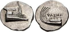 LYCIA, Phaselis. 4th century BC. AR Stater (22mm, 10.41 g, 1h). Prow of galley right, fighting platform decorated with dolphin right / Stern of galley left; ΦAΣHΛ above. Heipp-Tamer Series 6, unlisted