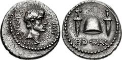 The Republicans. Brutus. Late summer-autumn 42 BC. AR Denarius (18mm, 3.59 g, 12h). Military mint traveling with Brutus and Cassius in western Asia Minor or northern Greece; L. Plaetorius Cestianus, m