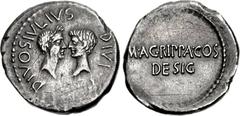 The Triumvirs. Octavian, Divus Julius Caesar, and Agrippa. 38 BC. AR Denarius (19mm, 3.63 g, 7h). Military mint traveling with Agrippa in Gaul or Octavian in Italy. Laureate head of the deified Julius