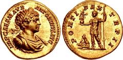 Caracalla. AD 198-217. AV Aureus (19.5mm, 7.48 g, 6h). Rome mint. Struck AD 199. IMP CAES M AVR ANTONINVS AVG, laureate, draped, and cuirassed bust right / PONTI FEX TR P II, Caracalla, laureate, in m