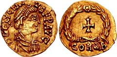 Glycerius. Usurper, AD 473-474. AV Tremissis (13mm, 1.44 g, 6h). Rome or Ravenna mint. D N CLYCERI VS F P AVG, pearl-diademed, draped, and cuirassed bust right / Latin cross pattée within wreath; larg