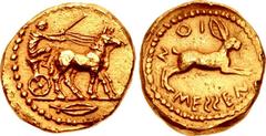 SICILY, Messana. 455-451 BC. AV Dilitron (10mm, 1.43 g, 5h). The nymph Messana, holding kentron in left hand, reins in both, driving slow biga of mules right; in exergue, leaf right / Hare springing r