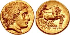 KINGS of MACEDON. Philip III Arrhidaios. 323-317 BC. AV Stater (22.517.5mm, 8.54 g, 11h). In the types of Philip II. Kolophon mint. Struck under Menander or Kleitos, circa 322-319 BC. Head of Apollo r