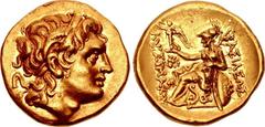 KINGS of MACEDON. Ptolemy Keraunos. 281-279 BC. AV Stater (20mm, 8.58 g, 6h). In the name and types of Lysimachos of Thrace. Lysimacheia mint. Struck circa 281-280 BC. Diademed head of the deified Ale