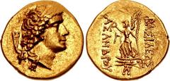 KINGS of BOSPOROS. Asander. As king, circa 43-16 BC. AV Stater (20mm, 8.21 g, 12h). Dated RY 8 (40/39 BC). Diademed head right; Φ behind neck / BAΣIΛEΩΣ AΣANΔPOY, Nike, holding wreath in extended righ