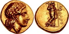 SATRAPS of CARIA. Pixodaros. Circa 341/0-336/5 BC. AV Hemistater (12.5mm, 4.15 g, 1h). Persian standard. Halikarnassos mint. Head of Apollo right, wearing laurel wreath / Zeus Labraundos standing righ