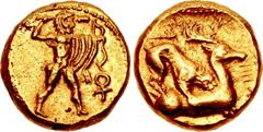 CYPRUS, Kition. Pumiathon. Circa 362/1-312 BC. AV Hemistater (12.5mm, 4.15 g, 6h). Persian standard. Dated RY 44 (328/7 BC). Herakles advancing right, holding club, bow, and arrow, lion skin draped ov