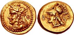 CYPRUS, Salamis. Nikokles. Circa 374-361 BC. AV Third Stater (11mm, 2.75 g, 1h). Persian standard. Draped bust of Aphrodite left, wearing ornamented stephanos, earring, and necklace; Cypriot a to righ