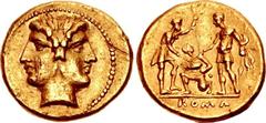 Anonymous. Circa 225-212 BC. AV Half-Stater (15mm, 3.44 g, 5h). Rome mint. Laureate, janiform head of Dioscuri / Oath-taking scene: youth kneeling left, head right, holding a pig between two warriors,
