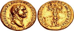 Trajan. AD 98-117. AV Aureus (19.5mm, 7.29 g, 6h). Restitution issue of Vespasian. Rome mint. Struck circa AD 107 or 112/113. IMP CAESAR VESPASIANVS AVG COS VIIII, laureate head of Vespasian right / I