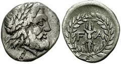 ELIS, Olympia. Circa 191 BC. AR Achaean Hemidrachm (16mm, 2.18 gm). Laureate head of Zeus right / F A flanking thunderbolt, all within olive wreath. BMC Peloponnesus pg. 73, 139; cf. Seltman, Olympia,