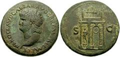 NERO. 54-68 AD. Æ Sestertius (35mm, 24.92 gm). Rome mint. Struck circa 64 AD. Laureate head left, globe at point of bust / S C across field, triumphal arch surmounted by statue of emperor in quadriga 