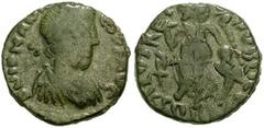 JOHANNES. 423-425 AD. Æ 12mm (1.40 gm). Rome mint. Pearl-diademed, draped, and cuirassed bust right / Victory advancing left, holding trophy over shoulder and dragging captive; christogram in left fie
