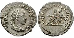 PHILIP II. 247-249 AD. AR Antoninianus (22mm, 3.78 gm). Struck circa 248-249 AD. Laureate, draped, and cuirassed bust right / Philip II and Philip I seated left on curule chairs, extending hands; Phil