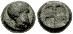 LESBOS. Circa 500-450 BC. Billon Obol (8mm, 1.02 gm). Head of an African right / Quadratic incuse square. Bodenstedt pg. 328 and Tafel 63, 4; SNG Copenhagen 296 var. (head left). Near VF. Rare ethnic 